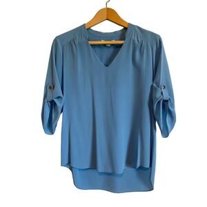 Amanda Uprichard blue silk blouse 3/4 sleeve pullover high collar. Size M